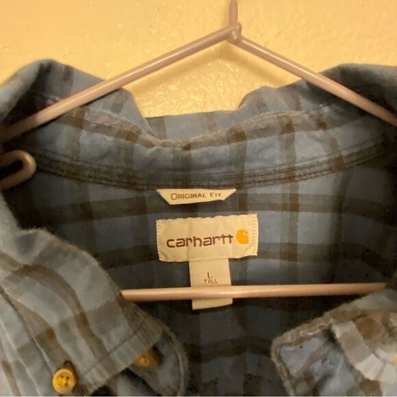Carhartt Long sleeve button down plaid cotton shirt blue mens Large tall LT - Picture 4 of 12